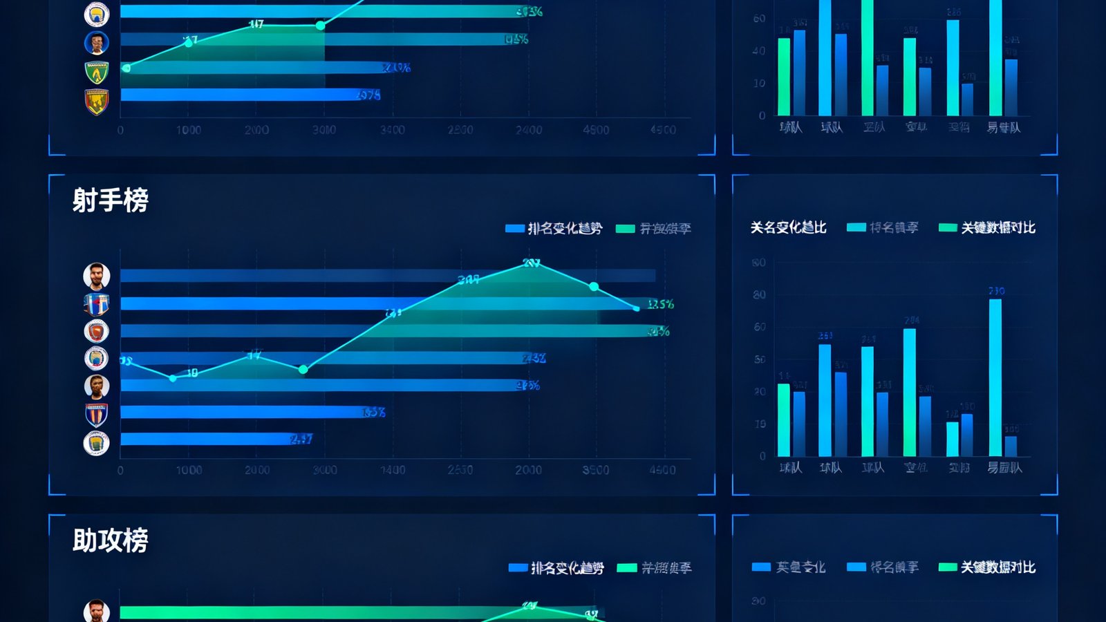 人人体育数据统计仪表盘，展示英超赛季积分榜、射手榜和助攻榜，图表清晰标注各球队排名变化趋势与球员关键数据对比